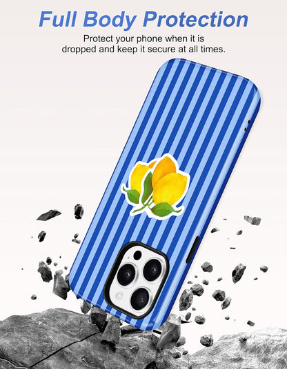 Magnetic Striped Phone Case for iPhone 16 e/17e,Blue Lemon | Compatible with MagSafe, Cute Aesthetic Striped Design, TPU and PC Protective Shockproof Cover