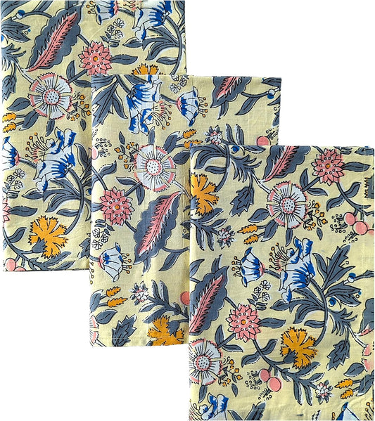 100% Cotton Decorative Kitchen Towels - Set of 3 Dishcloths - 19 x 27 inches - Light Yellow Kitchen Towel - Absorbant Kitchen Dishcloth for Dryng Dishes - Indian Block Print Tea Towels