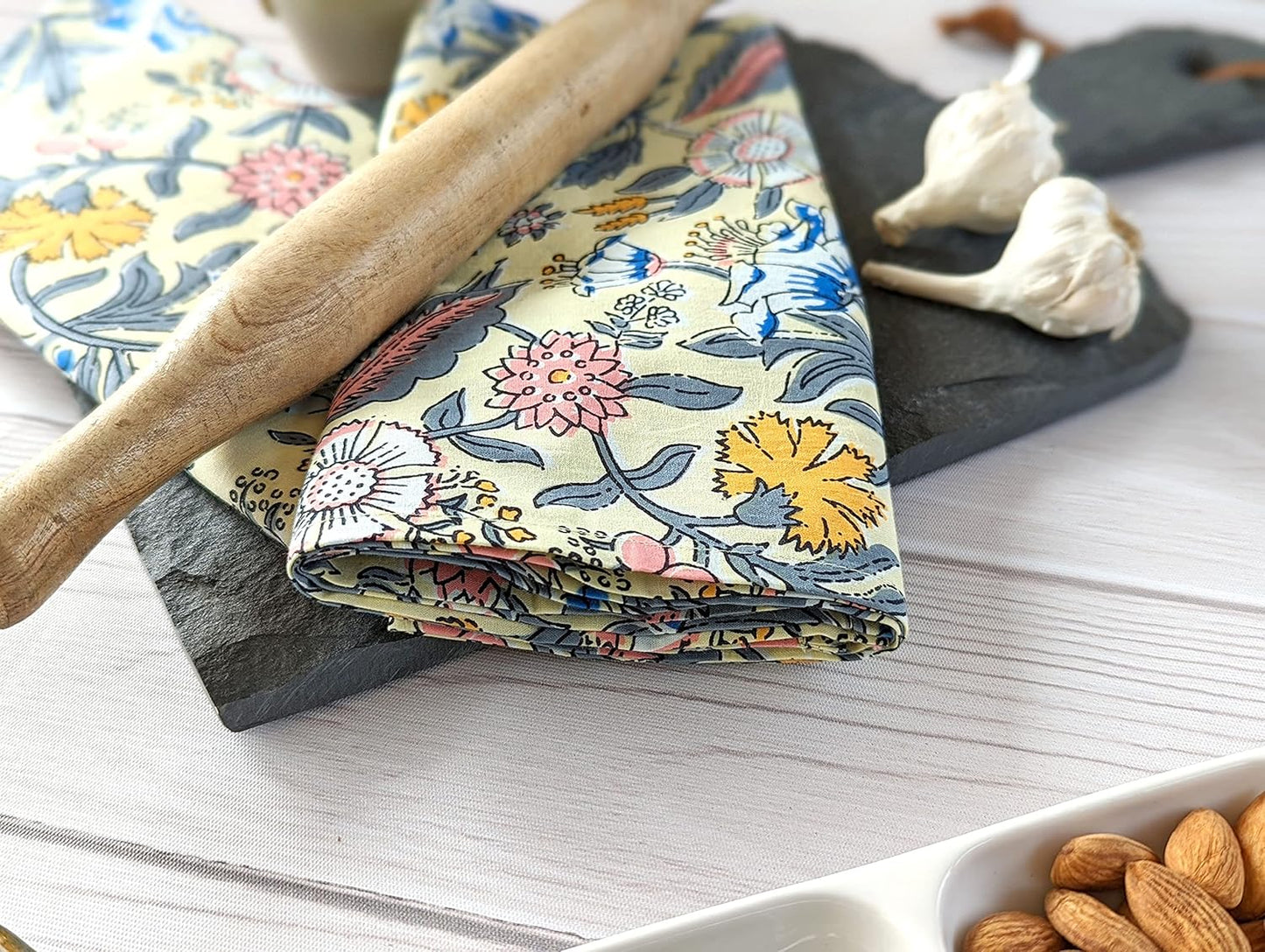 100% Cotton Decorative Kitchen Towels - Set of 3 Dishcloths - 19 x 27 inches - Light Yellow Kitchen Towel - Absorbant Kitchen Dishcloth for Dryng Dishes - Indian Block Print Tea Towels