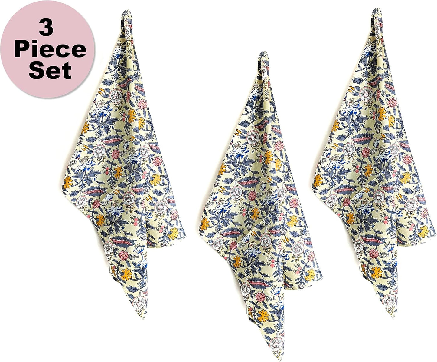 100% Cotton Decorative Kitchen Towels - Set of 3 Dishcloths - 19 x 27 inches - Light Yellow Kitchen Towel - Absorbant Kitchen Dishcloth for Dryng Dishes - Indian Block Print Tea Towels