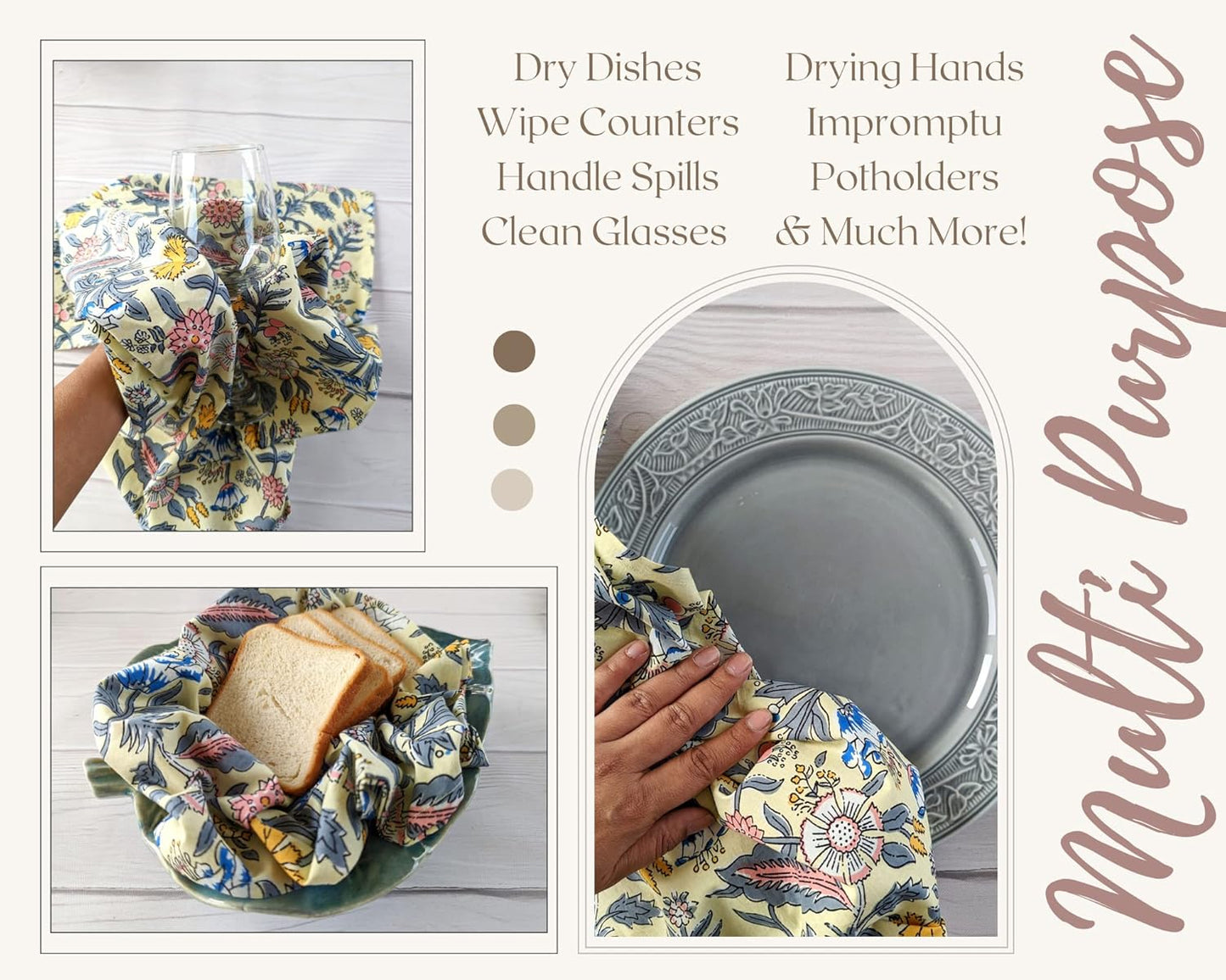 100% Cotton Decorative Kitchen Towels - Set of 3 Dishcloths - 19 x 27 inches - Light Yellow Kitchen Towel - Absorbant Kitchen Dishcloth for Dryng Dishes - Indian Block Print Tea Towels