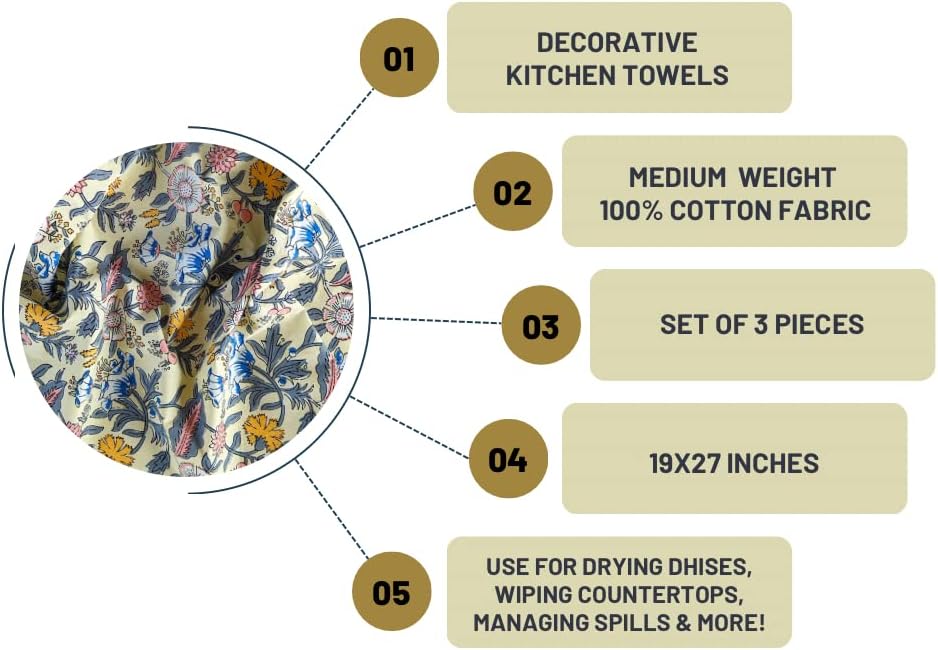 100% Cotton Decorative Kitchen Towels - Set of 3 Dishcloths - 19 x 27 inches - Light Yellow Kitchen Towel - Absorbant Kitchen Dishcloth for Dryng Dishes - Indian Block Print Tea Towels