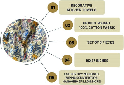 100% Cotton Decorative Kitchen Towels - Set of 3 Dishcloths - 19 x 27 inches - Light Yellow Kitchen Towel - Absorbant Kitchen Dishcloth for Dryng Dishes - Indian Block Print Tea Towels