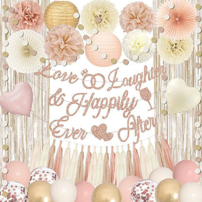Champagne Gold Beige Boho Bridal Shower Bachelorette Party Decorations | Love Laughter Happily Ever After Banner Foil Balloons Paper Pompoms Fans Tassel Foil Curtain for Wedding Party Decor