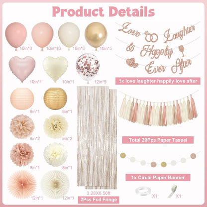 Champagne Gold Beige Boho Bridal Shower Bachelorette Party Decorations | Love Laughter Happily Ever After Banner Foil Balloons Paper Pompoms Fans Tassel Foil Curtain for Wedding Party Decor