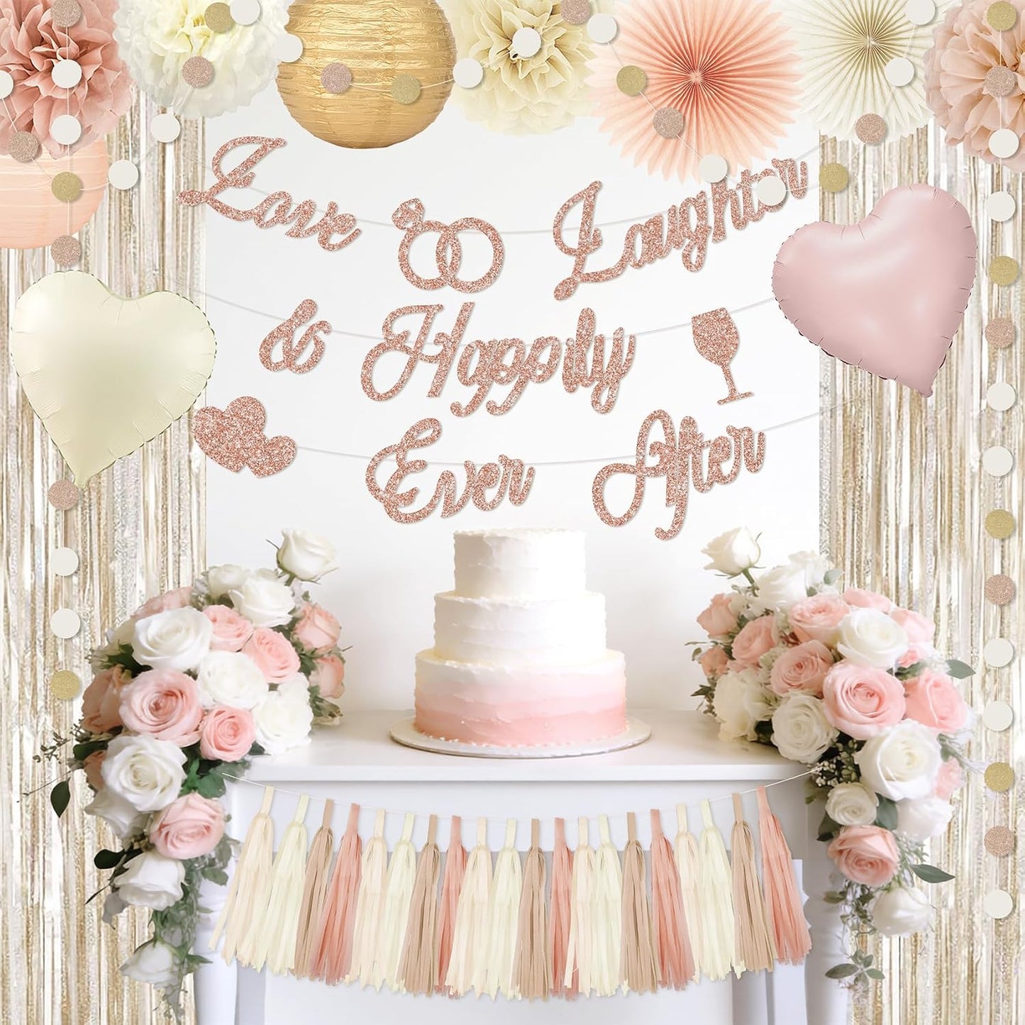 Champagne Gold Beige Boho Bridal Shower Bachelorette Party Decorations | Love Laughter Happily Ever After Banner Foil Balloons Paper Pompoms Fans Tassel Foil Curtain for Wedding Party Decor