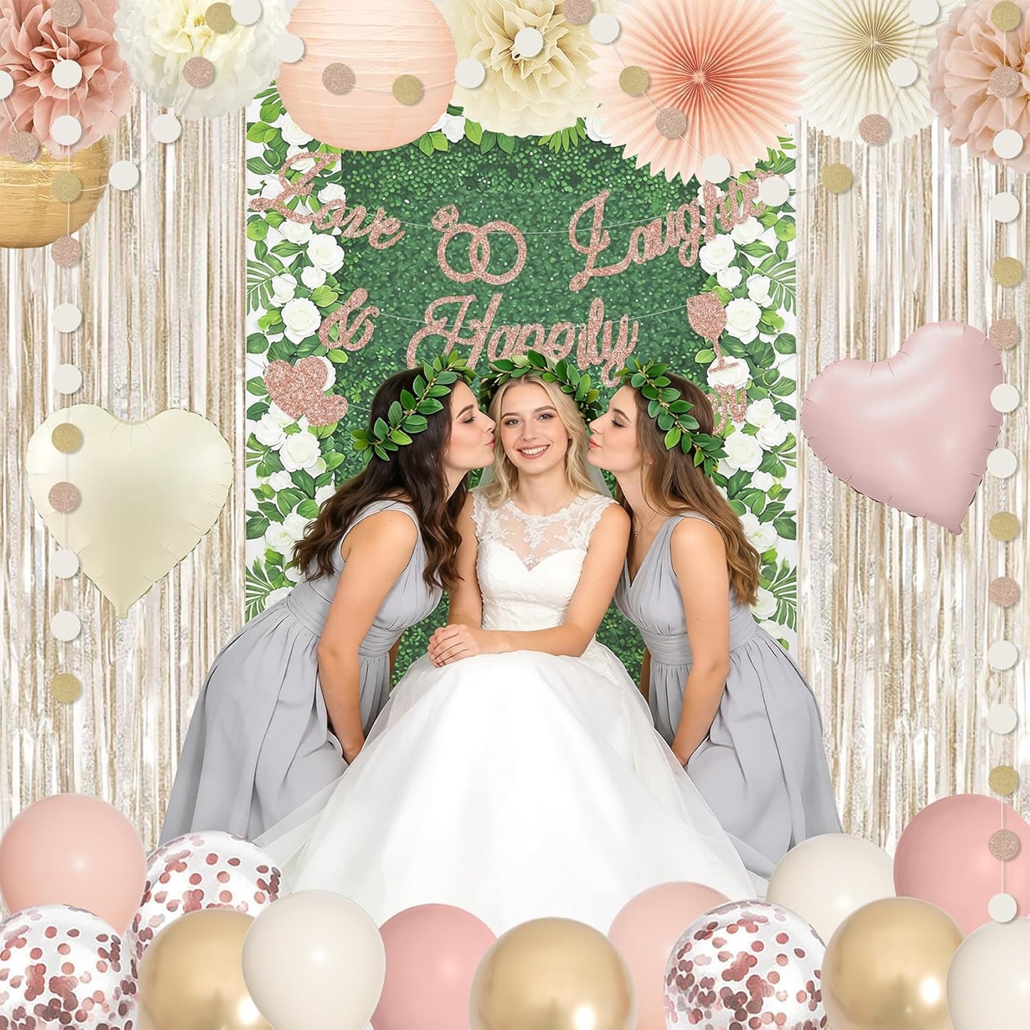 Champagne Gold Beige Boho Bridal Shower Bachelorette Party Decorations | Love Laughter Happily Ever After Banner Foil Balloons Paper Pompoms Fans Tassel Foil Curtain for Wedding Party Decor