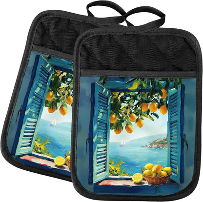 Blue Coastal Italian Lemon 2 Pcs Pot Holders with Pocket, Mediterranean Window Seaside Lemon Tree Landscape Heat Resistant Potholders Hot Pad for Kitchen Baking Cooking