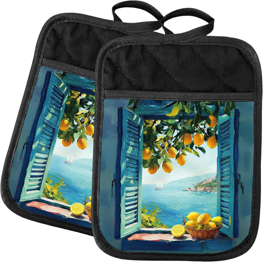 Blue Coastal Italian Lemon 2 Pcs Pot Holders with Pocket, Mediterranean Window Seaside Lemon Tree Landscape Heat Resistant Potholders Hot Pad for Kitchen Baking Cooking