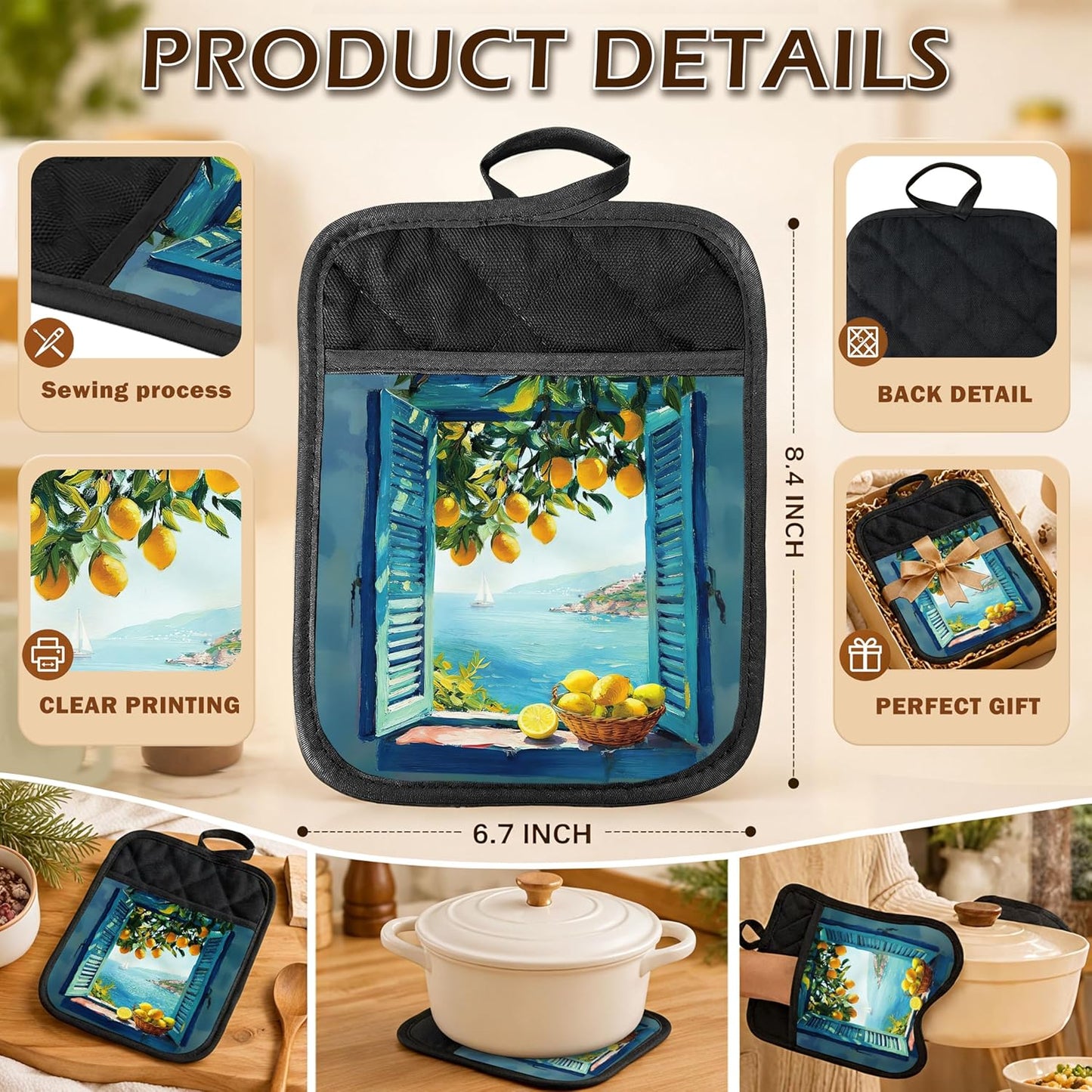 Blue Coastal Italian Lemon 2 Pcs Pot Holders with Pocket, Mediterranean Window Seaside Lemon Tree Landscape Heat Resistant Potholders Hot Pad for Kitchen Baking Cooking