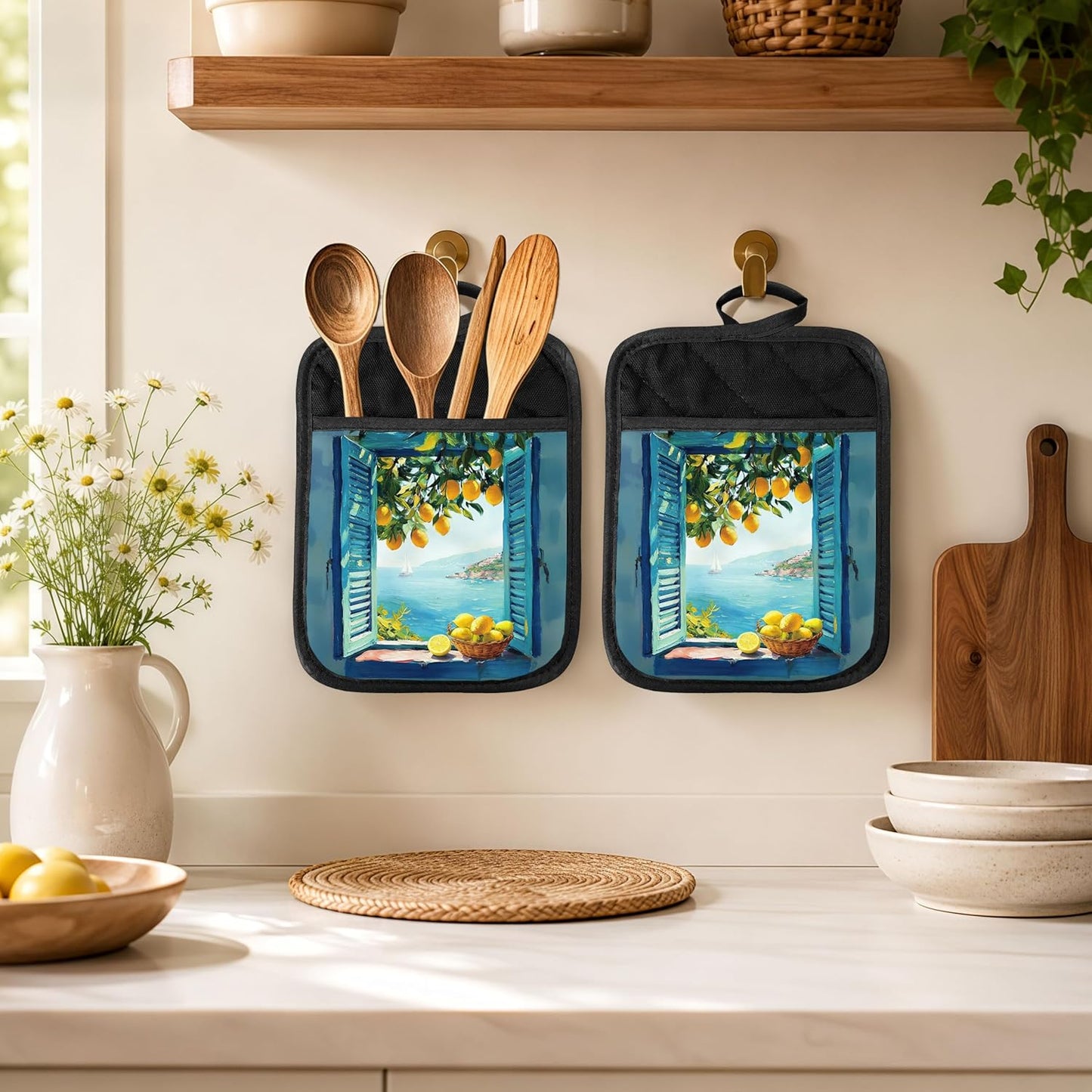Blue Coastal Italian Lemon 2 Pcs Pot Holders with Pocket, Mediterranean Window Seaside Lemon Tree Landscape Heat Resistant Potholders Hot Pad for Kitchen Baking Cooking