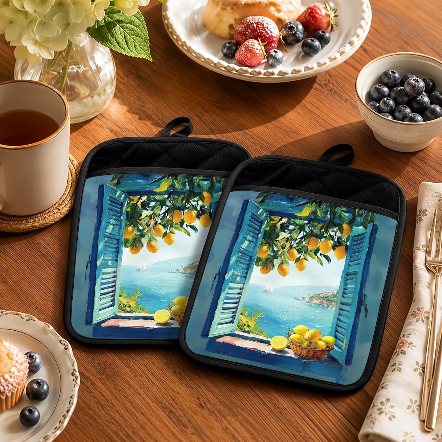 Blue Coastal Italian Lemon 2 Pcs Pot Holders with Pocket, Mediterranean Window Seaside Lemon Tree Landscape Heat Resistant Potholders Hot Pad for Kitchen Baking Cooking