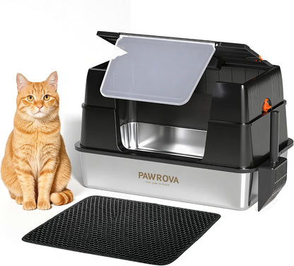304 Stainless Steel XL Enclosed Cat Litter Box, Flip-Up Lid, High Sides | Easy Flip-Up Cleaning | 4-in-1 Design | Leak-Resistant | Odor-Resistant 304 Steel | Scoop & Mat Included