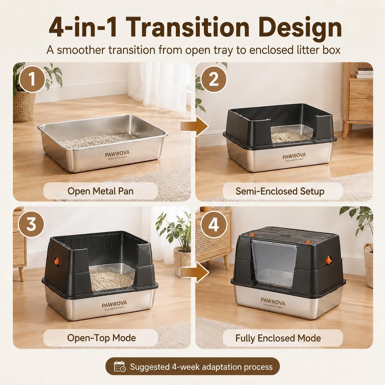 304 Stainless Steel XL Enclosed Cat Litter Box, Flip-Up Lid, High Sides | Easy Flip-Up Cleaning | 4-in-1 Design | Leak-Resistant | Odor-Resistant 304 Steel | Scoop & Mat Included