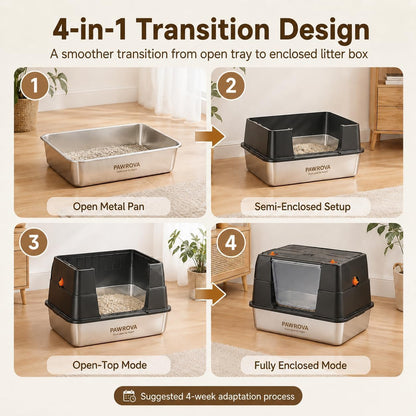304 Stainless Steel XL Enclosed Cat Litter Box, Flip-Up Lid, High Sides | Easy Flip-Up Cleaning | 4-in-1 Design | Leak-Resistant | Odor-Resistant 304 Steel | Scoop & Mat Included
