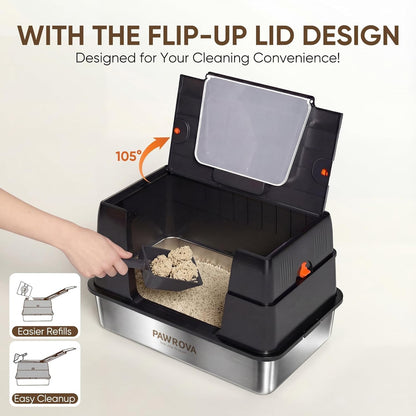 304 Stainless Steel XL Enclosed Cat Litter Box, Flip-Up Lid, High Sides | Easy Flip-Up Cleaning | 4-in-1 Design | Leak-Resistant | Odor-Resistant 304 Steel | Scoop & Mat Included