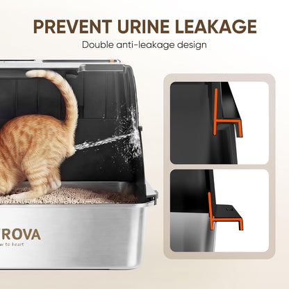 304 Stainless Steel XL Enclosed Cat Litter Box, Flip-Up Lid, High Sides | Easy Flip-Up Cleaning | 4-in-1 Design | Leak-Resistant | Odor-Resistant 304 Steel | Scoop & Mat Included