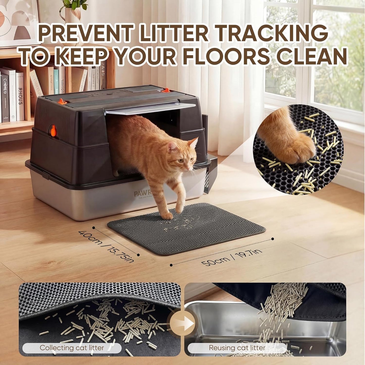304 Stainless Steel XL Enclosed Cat Litter Box, Flip-Up Lid, High Sides | Easy Flip-Up Cleaning | 4-in-1 Design | Leak-Resistant | Odor-Resistant 304 Steel | Scoop & Mat Included