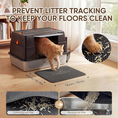 304 Stainless Steel XL Enclosed Cat Litter Box, Flip-Up Lid, High Sides | Easy Flip-Up Cleaning | 4-in-1 Design | Leak-Resistant | Odor-Resistant 304 Steel | Scoop & Mat Included