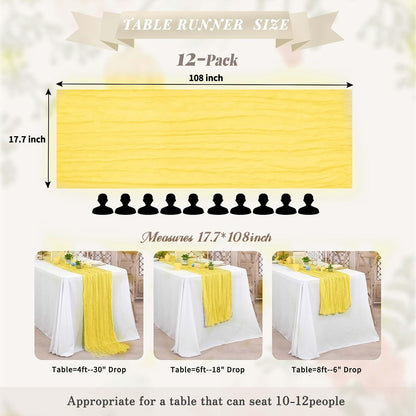 12 Pack Cheesecloth Table Runner,Light Yellow(17.7×108 Inch) | Long ,Romantic, Semi Sheer ,Rustic Boho Gauze Table Runners for Wedding Bridal Shower Birthday Party Decorations