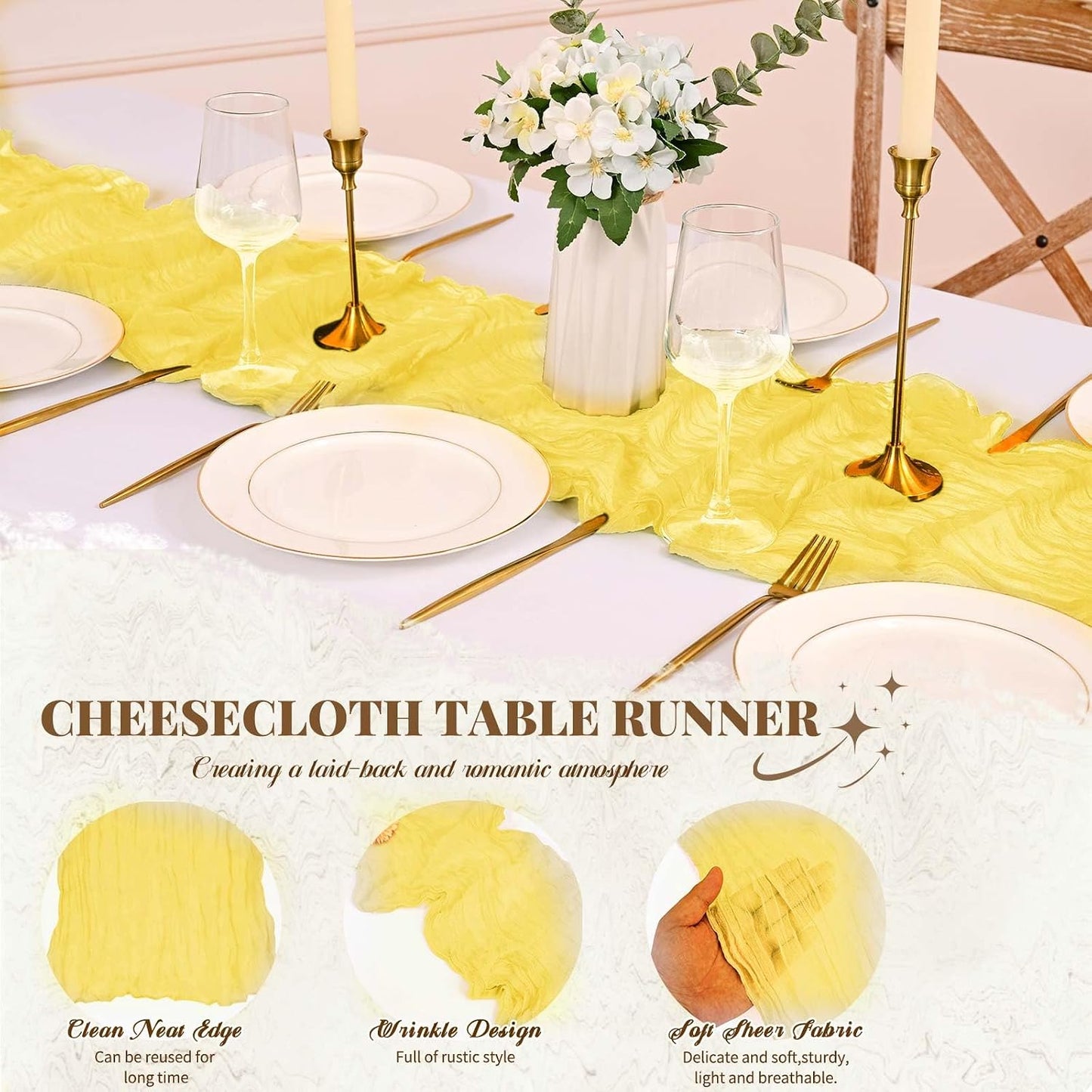 12 Pack Cheesecloth Table Runner,Light Yellow(17.7×108 Inch) | Long ,Romantic, Semi Sheer ,Rustic Boho Gauze Table Runners for Wedding Bridal Shower Birthday Party Decorations