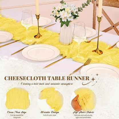 12 Pack Cheesecloth Table Runner,Light Yellow(17.7×108 Inch) | Long ,Romantic, Semi Sheer ,Rustic Boho Gauze Table Runners for Wedding Bridal Shower Birthday Party Decorations