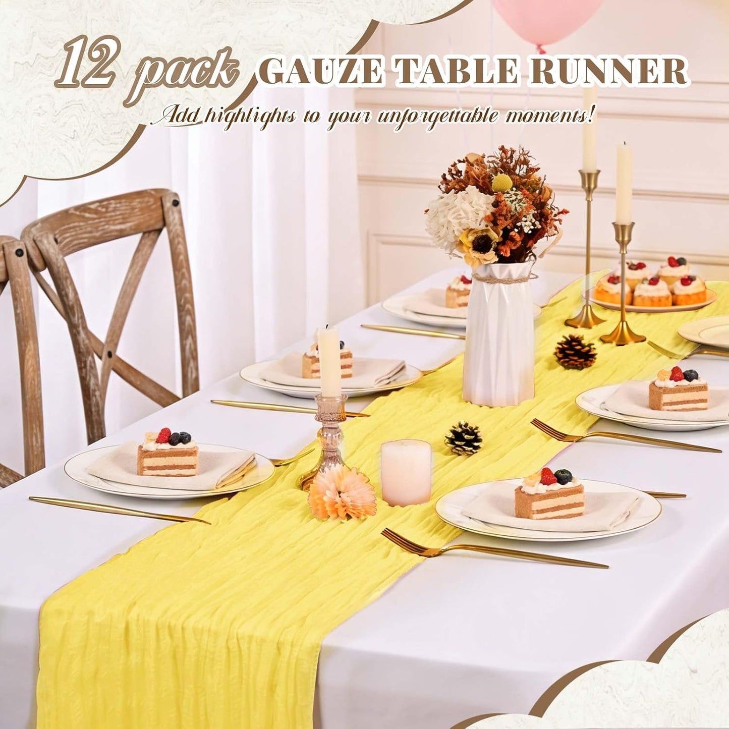 12 Pack Cheesecloth Table Runner,Light Yellow(17.7×108 Inch) | Long ,Romantic, Semi Sheer ,Rustic Boho Gauze Table Runners for Wedding Bridal Shower Birthday Party Decorations