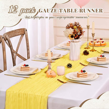 12 Pack Cheesecloth Table Runner,Light Yellow(17.7×108 Inch) | Long ,Romantic, Semi Sheer ,Rustic Boho Gauze Table Runners for Wedding Bridal Shower Birthday Party Decorations