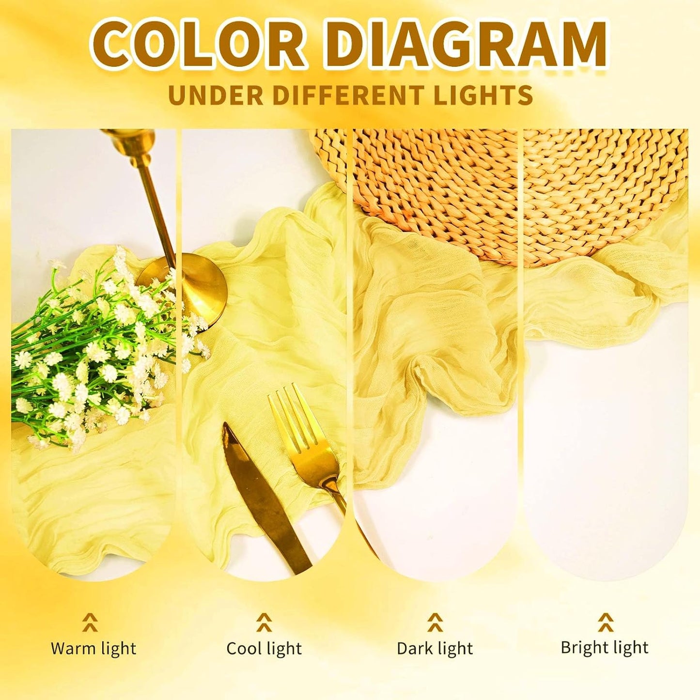 12 Pack Cheesecloth Table Runner,Light Yellow(17.7×108 Inch) | Long ,Romantic, Semi Sheer ,Rustic Boho Gauze Table Runners for Wedding Bridal Shower Birthday Party Decorations