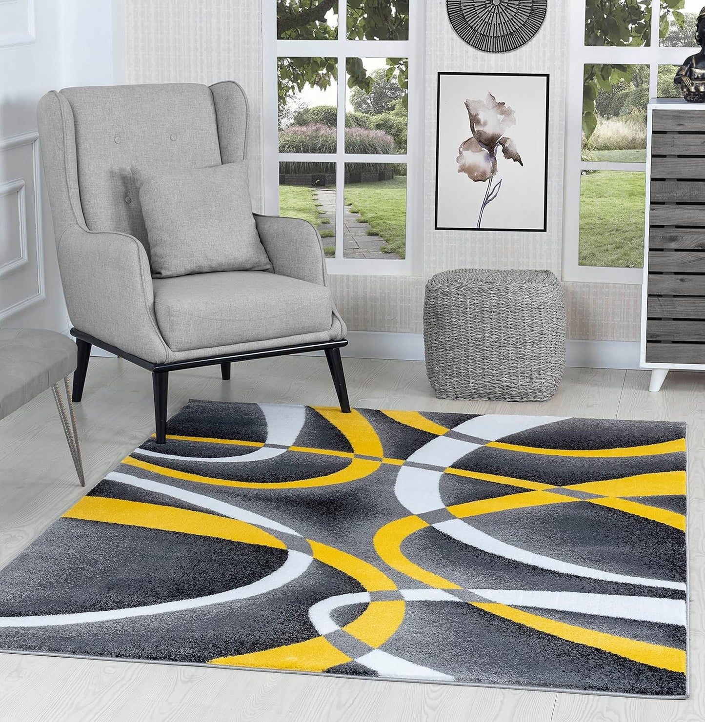 Area Rug Modern 5x7 Yellow Soft Contemporary Floor Carpet for Indoor Living Dining Room and Bedroom Area