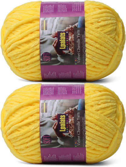 Chunky Chenille Yarn for Crocheting, Yellow Fluffy Blanket Yarn for Crochet | 2 Pack of 175 Yds, 7.05 Oz Fuzzy Thick Velvet Yarn for Crocheting Plush Soft Crochet Yarn for Knitting Blankets, Amigurumi
