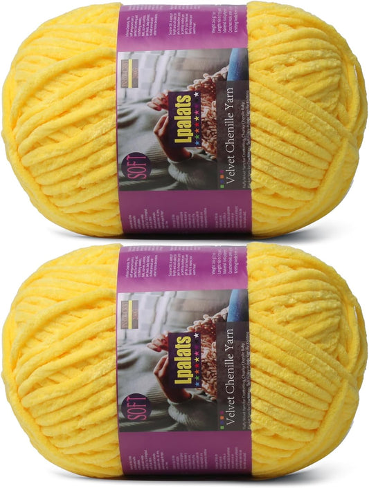 Chunky Chenille Yarn for Crocheting, Yellow Fluffy Blanket Yarn for Crochet | 2 Pack of 175 Yds, 7.05 Oz Fuzzy Thick Velvet Yarn for Crocheting Plush Soft Crochet Yarn for Knitting Blankets, Amigurumi