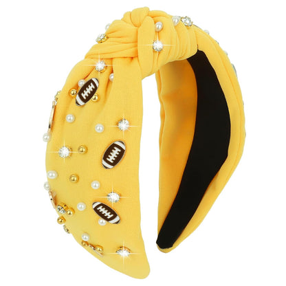 Football Headband for Women Crystal Jeweled Knotted Headband | Fashion Headbands Wide Game Day Sports Hair Accessories Gift for Football Mom Fans Christmas (Yellow)