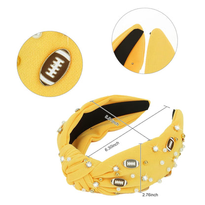 Football Headband for Women Crystal Jeweled Knotted Headband | Fashion Headbands Wide Game Day Sports Hair Accessories Gift for Football Mom Fans Christmas (Yellow)