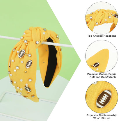 Football Headband for Women Crystal Jeweled Knotted Headband | Fashion Headbands Wide Game Day Sports Hair Accessories Gift for Football Mom Fans Christmas (Yellow)