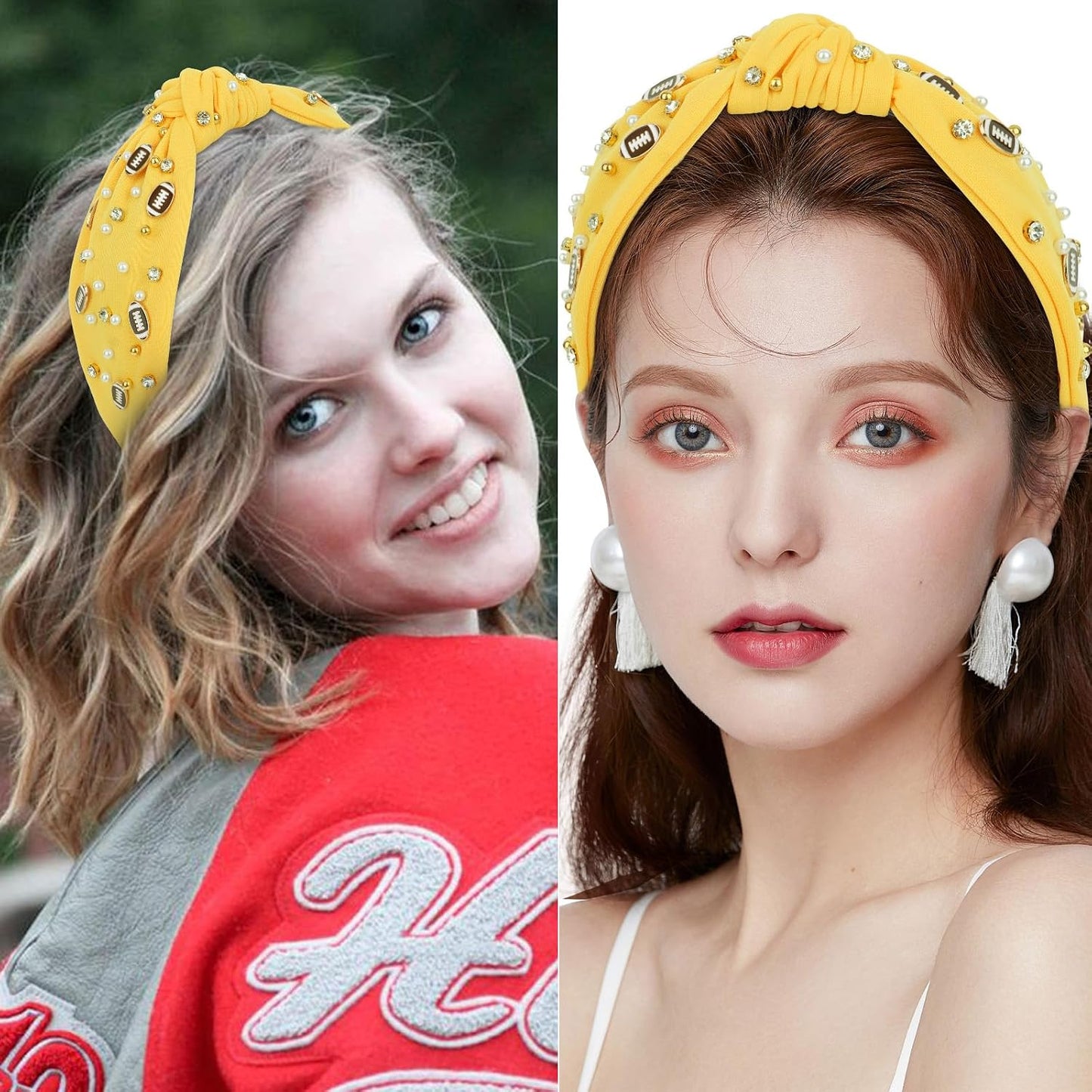 Football Headband for Women Crystal Jeweled Knotted Headband | Fashion Headbands Wide Game Day Sports Hair Accessories Gift for Football Mom Fans Christmas (Yellow)