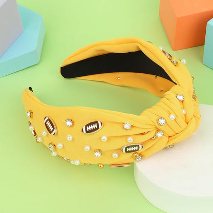 Football Headband for Women Crystal Jeweled Knotted Headband | Fashion Headbands Wide Game Day Sports Hair Accessories Gift for Football Mom Fans Christmas (Yellow)