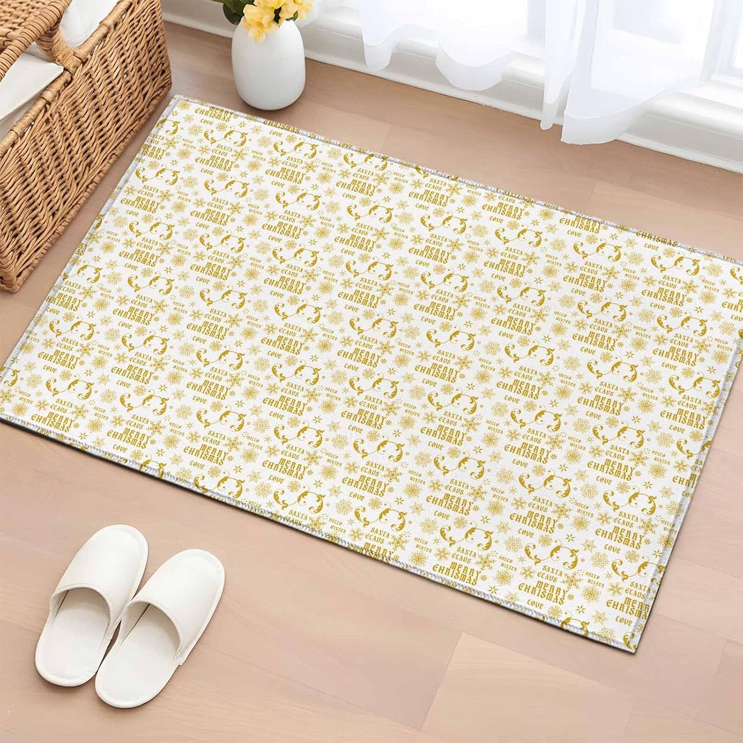 Christmas Winter 2x3 Area Rugs for Living Room, Snowflake Xmas Flower Yellow White Non Slip Floor Mat Washable Low-Profile Indoor Carpet for Bedroom, Dining Room, Bathroom