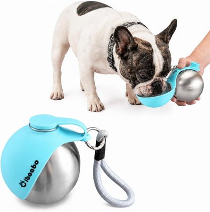 Portable Dog Water Bottle with Collapsible Silicone Bowl 10 oz | Stainless Steel Water Ball | Compact with Clip & Rope | Travel Pet Dispenser | for Small Dog & Puppy | Walking Hiking Beach