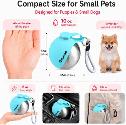 Portable Dog Water Bottle with Collapsible Silicone Bowl 10 oz | Stainless Steel Water Ball | Compact with Clip & Rope | Travel Pet Dispenser | for Small Dog & Puppy | Walking Hiking Beach