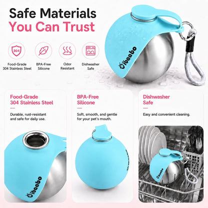 Portable Dog Water Bottle with Collapsible Silicone Bowl 10 oz | Stainless Steel Water Ball | Compact with Clip & Rope | Travel Pet Dispenser | for Small Dog & Puppy | Walking Hiking Beach