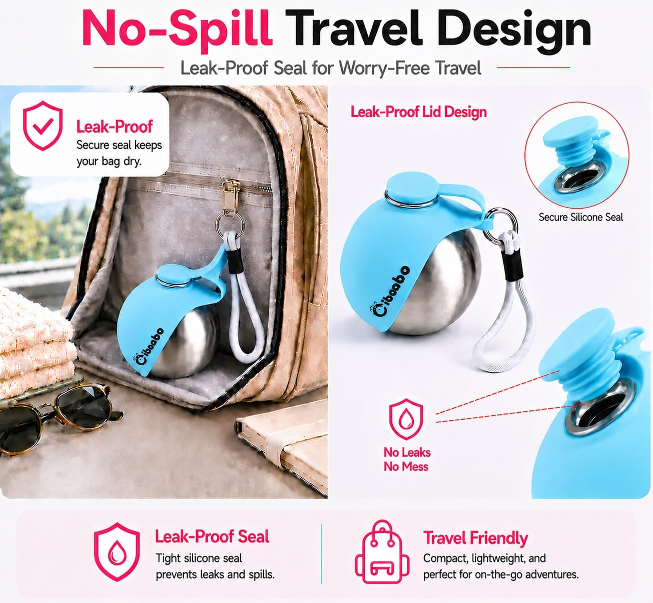 Portable Dog Water Bottle with Collapsible Silicone Bowl 10 oz | Stainless Steel Water Ball | Compact with Clip & Rope | Travel Pet Dispenser | for Small Dog & Puppy | Walking Hiking Beach
