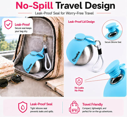 Portable Dog Water Bottle with Collapsible Silicone Bowl 10 oz | Stainless Steel Water Ball | Compact with Clip & Rope | Travel Pet Dispenser | for Small Dog & Puppy | Walking Hiking Beach