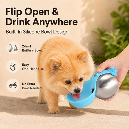 Portable Dog Water Bottle with Collapsible Silicone Bowl 10 oz | Stainless Steel Water Ball | Compact with Clip & Rope | Travel Pet Dispenser | for Small Dog & Puppy | Walking Hiking Beach