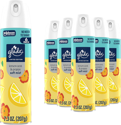 Odor Fighting Soft Mist Air Freshener Room Spray, Lemon Zest & Poppy, 8oz., 6 count