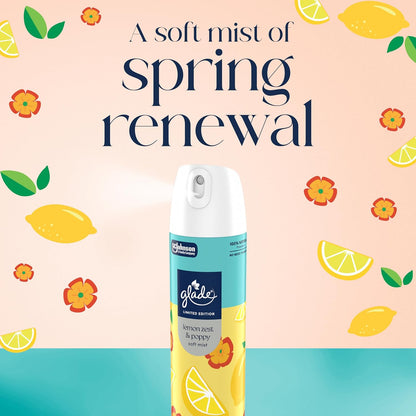 Odor Fighting Soft Mist Air Freshener Room Spray, Lemon Zest & Poppy, 8oz., 6 count