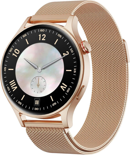 Smart Watch for Women, Compatible with Android Phones iPhone (Bronze) | Stainless Steel Band & Bezel, AMOLED Display, Touchscreen, Make/Answer Calls, 3ATM Waterproof, Fitness Tracker