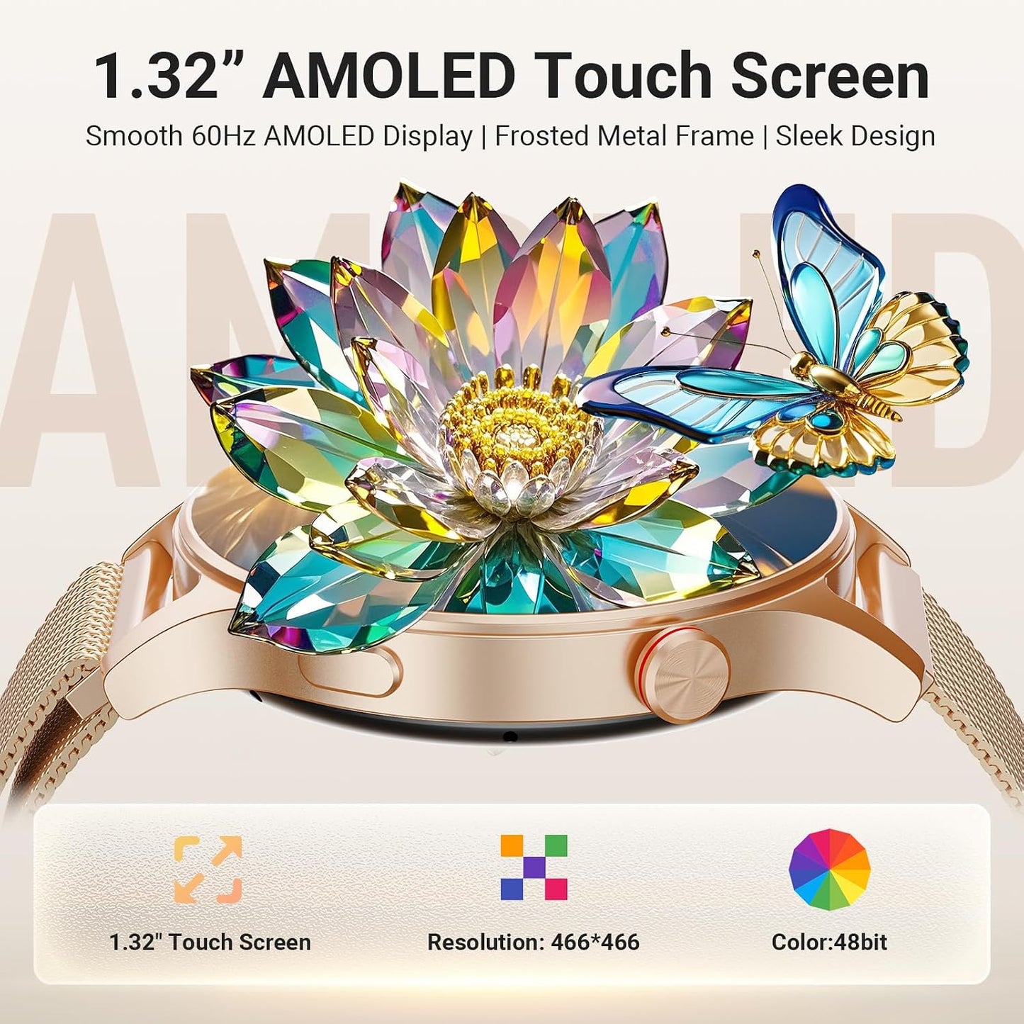 Smart Watch for Women, Compatible with Android Phones iPhone (Bronze) | Stainless Steel Band & Bezel, AMOLED Display, Touchscreen, Make/Answer Calls, 3ATM Waterproof, Fitness Tracker