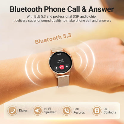 Smart Watch for Women, Compatible with Android Phones iPhone (Bronze) | Stainless Steel Band & Bezel, AMOLED Display, Touchscreen, Make/Answer Calls, 3ATM Waterproof, Fitness Tracker