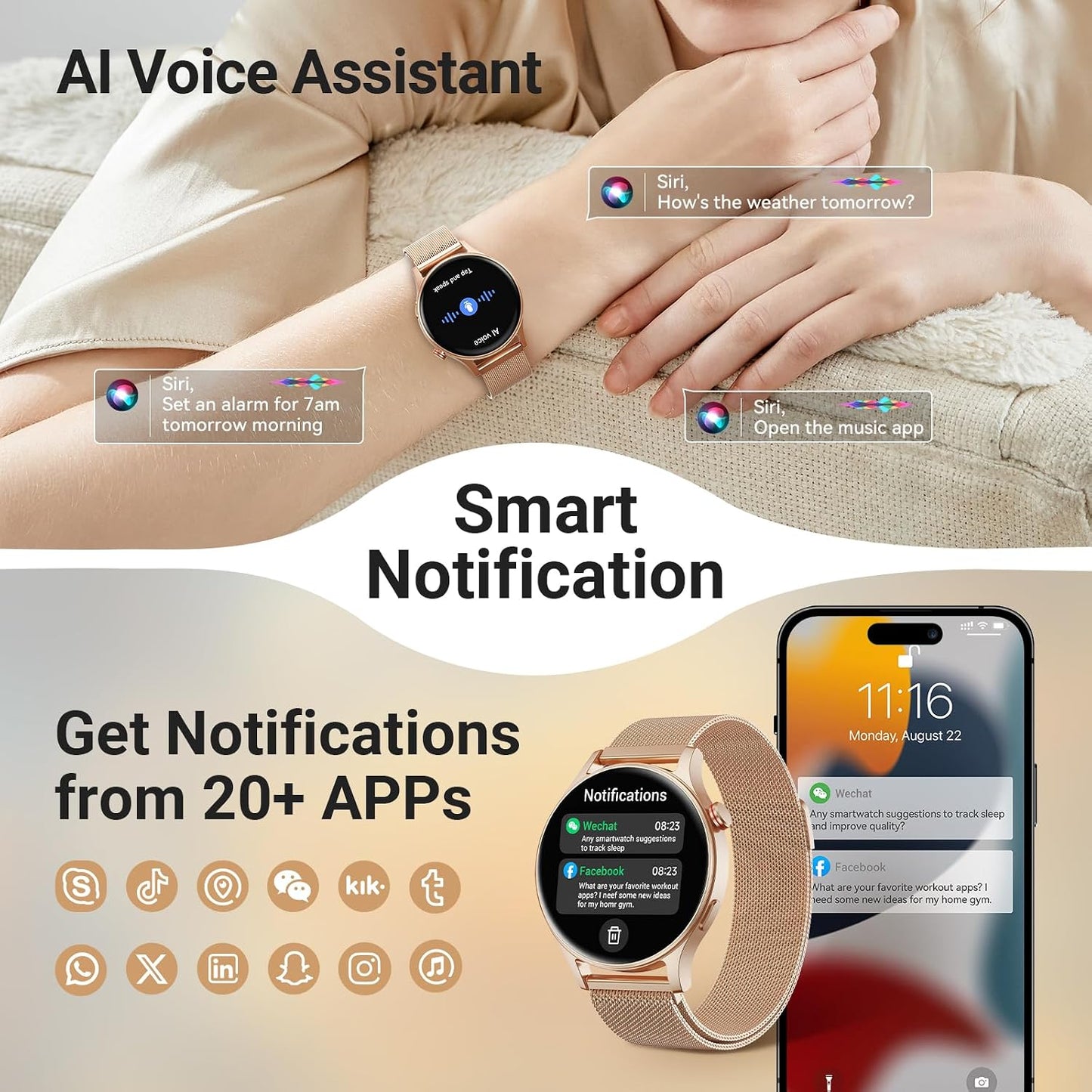 Smart Watch for Women, Compatible with Android Phones iPhone (Bronze) | Stainless Steel Band & Bezel, AMOLED Display, Touchscreen, Make/Answer Calls, 3ATM Waterproof, Fitness Tracker